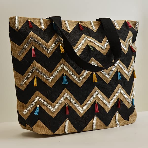 Expo International Linwood Bold Chevron Stripe Jute Tote Bag Summer Essential Tulle, Black - Image 3
